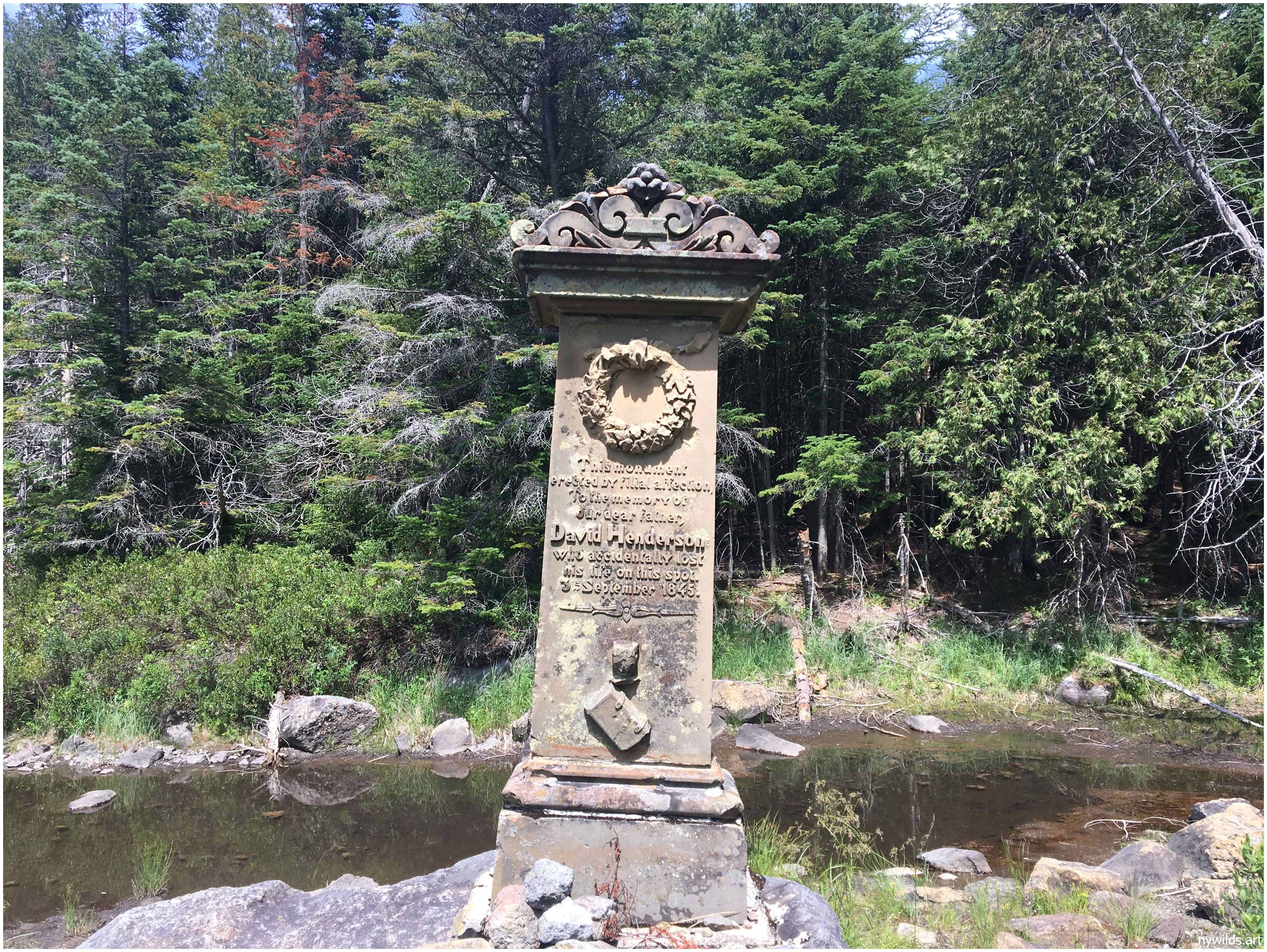 Memorial marker tied to the origin of the Calamity Brook name.